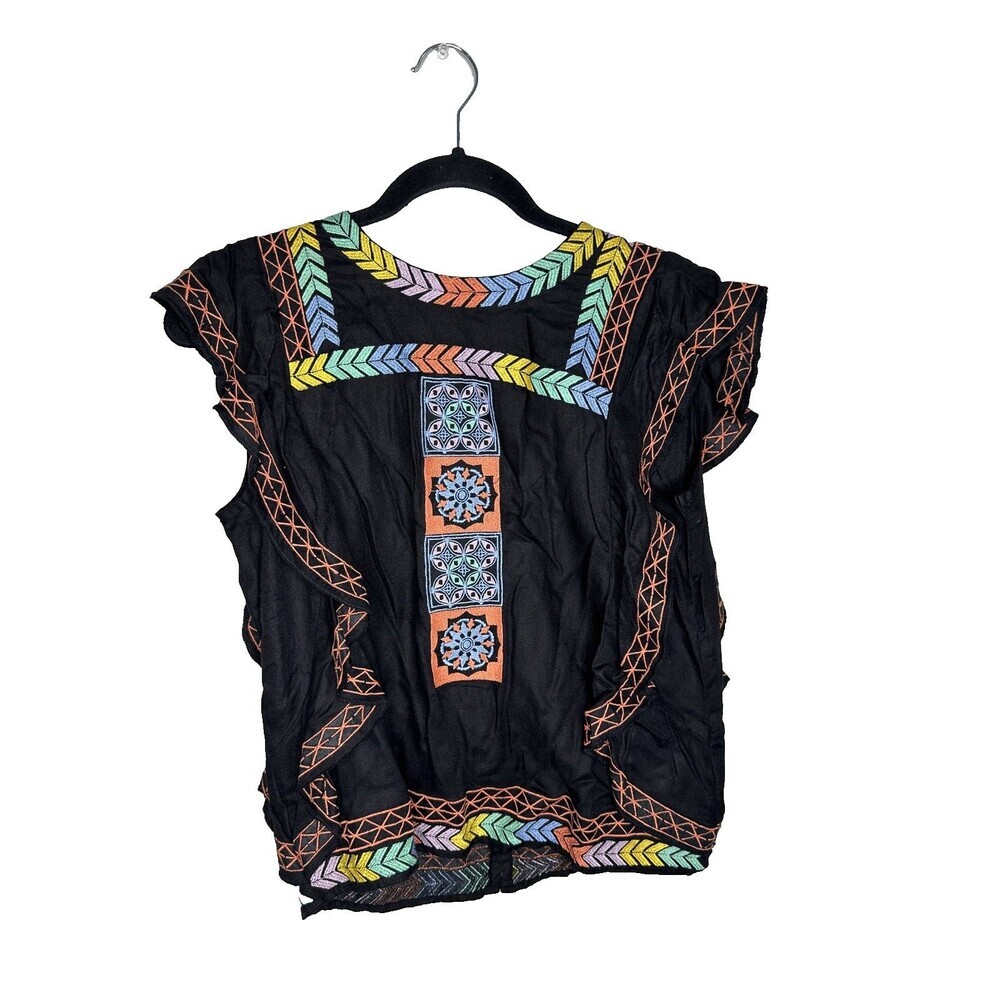 Ban Jara Top Womens Medium Black B2176-GRAPH Embroidered Boho India Tassel Rayon - Picture 1 of 6